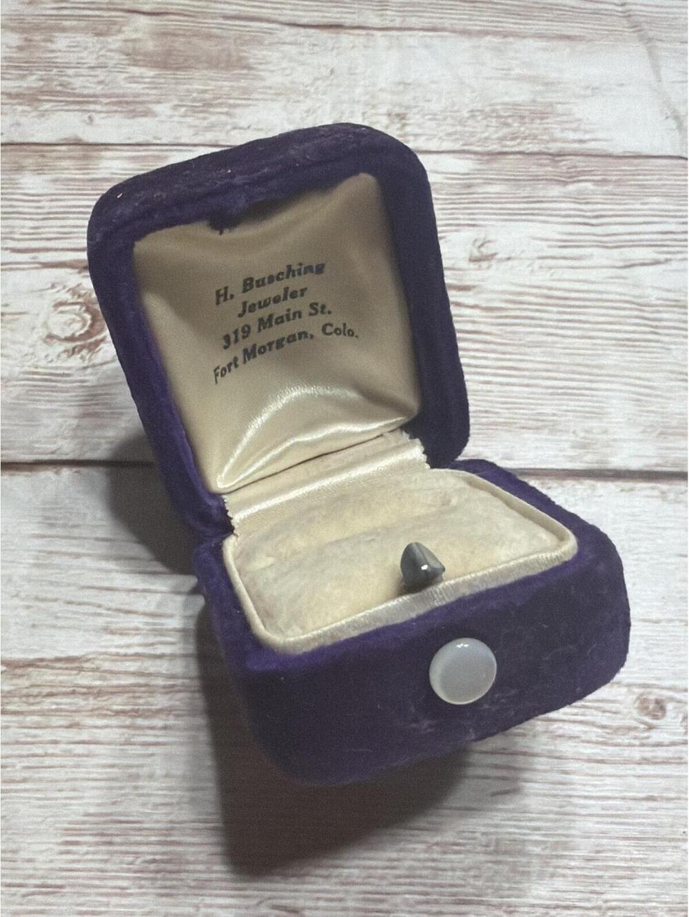 H. Busching jeweler ring box, crafted with a deep purple and cream lining